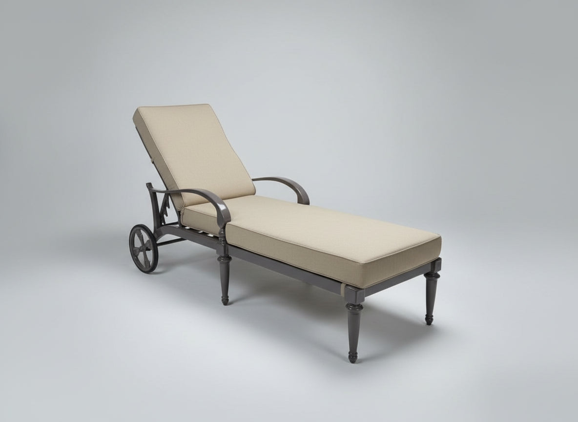 Chaise Lounge-Coffee 238 Finish and Sunbrella Spectrum Mushroom Fabric